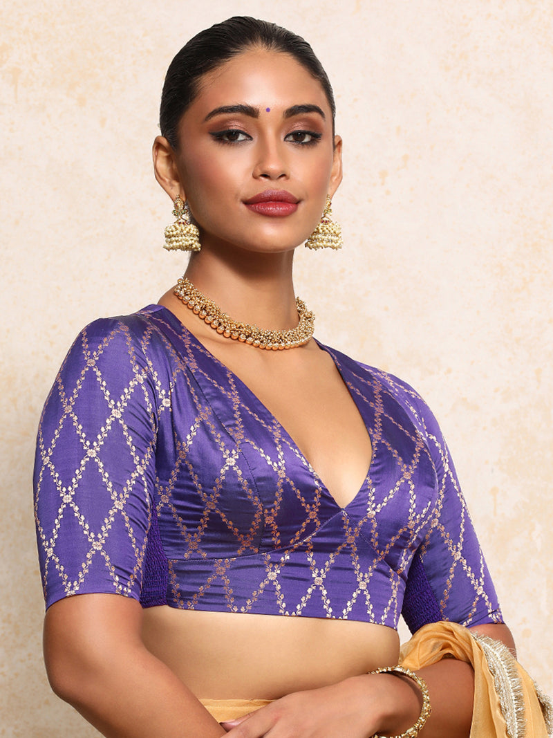 Rubani x Tyohaar | Elbow Sleeves Saree Blouse in Regal Purple Vine Mesh Brocade-Binks