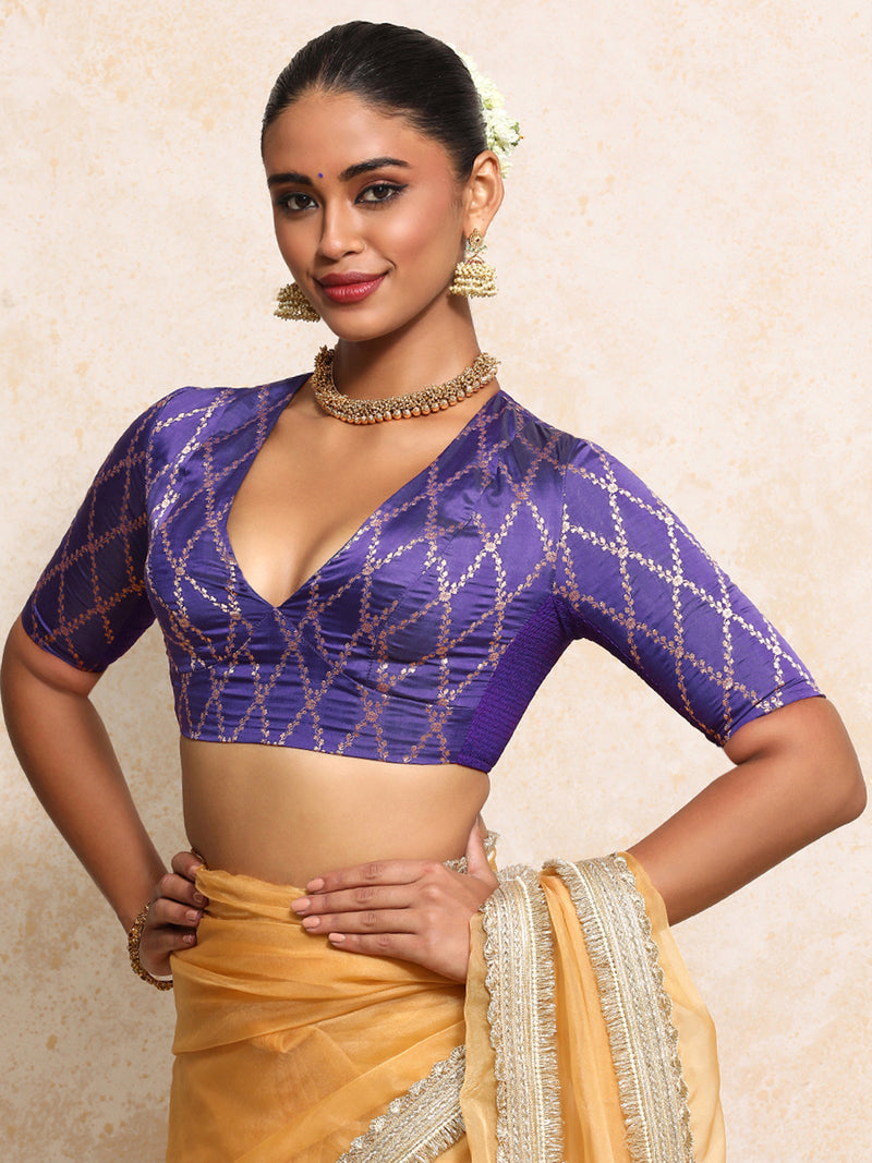 Rubani x Tyohaar | Elbow Sleeves Saree Blouse in Regal Purple Vine Mesh Brocade-Binks