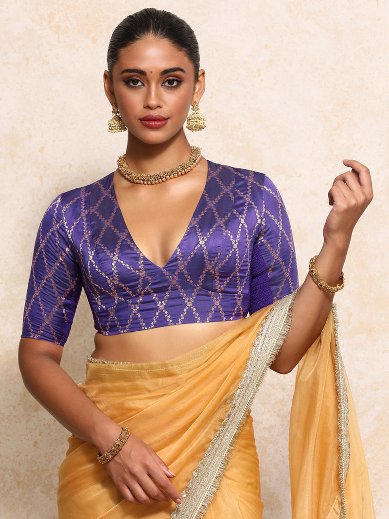 Rubani x Tyohaar | Elbow Sleeves Saree Blouse in Regal Purple Vine Mesh Brocade-Binks