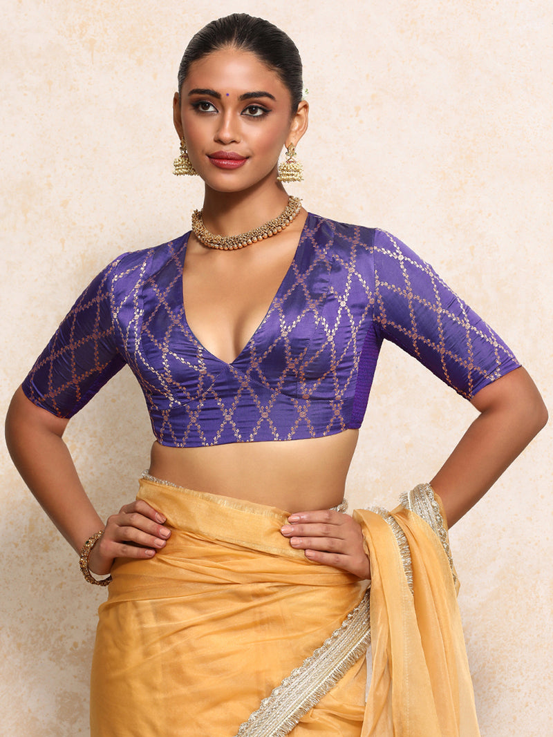 Rubani x Tyohaar | Elbow Sleeves Saree Blouse in Regal Purple Vine Mesh Brocade-Binks