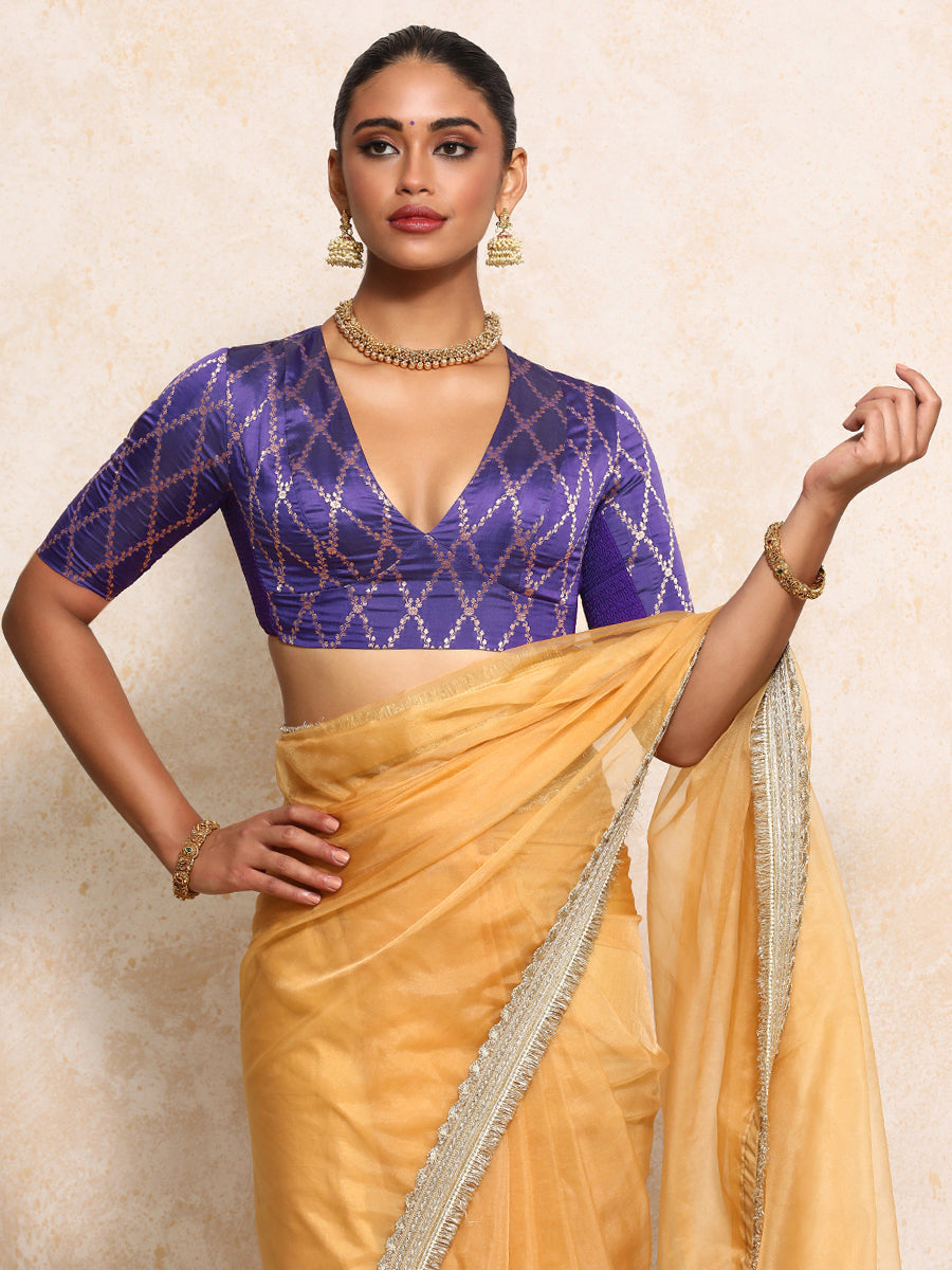 Rubani x Tyohaar Saree Blouse, in Purple Viscose Silk Brocade, featuring elbow sleeves and v-neckline (view 5).