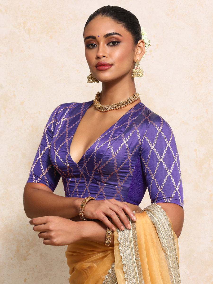 Rubani x Tyohaar Saree Blouse, in Purple Viscose Silk Brocade, featuring elbow sleeves and v-neckline (view 8).