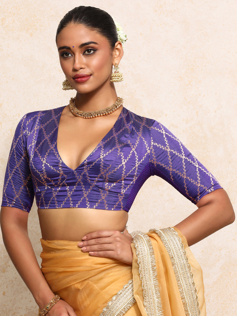 Rubani x Tyohaar | Elbow Sleeves Saree Blouse in Regal Purple Vine Mesh Brocade-Binks