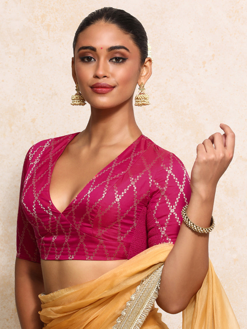 Rubani x Tyohaar | Elbow Sleeves Saree Blouse in Rosy Pink Vine Mesh Brocade-Binks