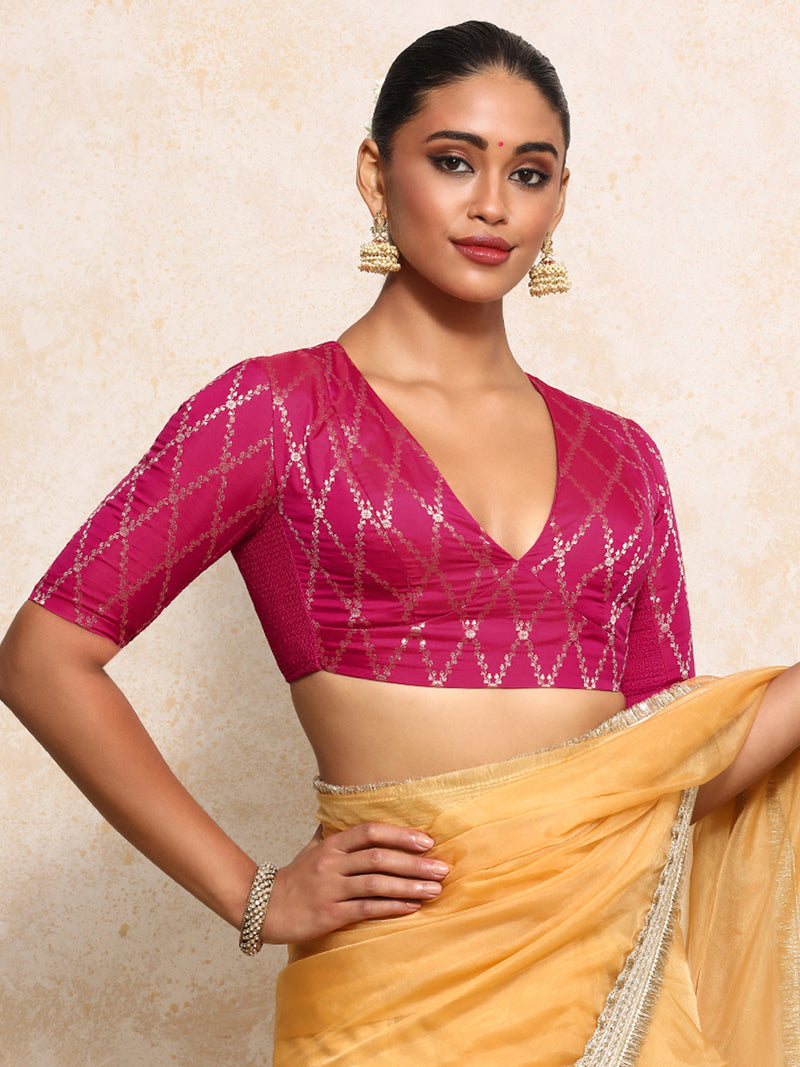 Rubani x Tyohaar | Elbow Sleeves Saree Blouse in Rosy Pink Vine Mesh Brocade-Binks