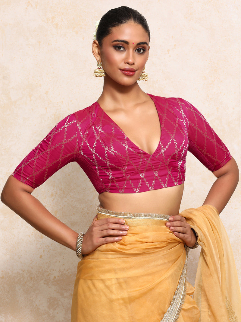 Rubani x Tyohaar | Elbow Sleeves Saree Blouse in Rosy Pink Vine Mesh Brocade-Binks