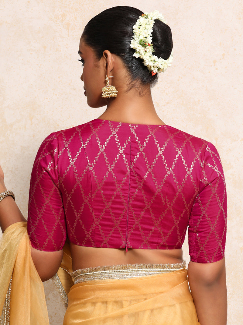 Rubani x Tyohaar | Elbow Sleeves Saree Blouse in Rosy Pink Vine Mesh Brocade-Binks