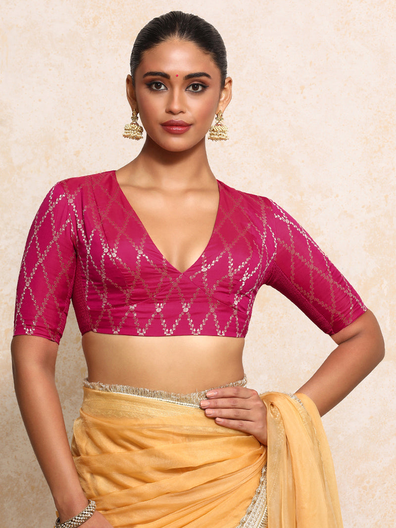 Rubani x Tyohaar | Elbow Sleeves Saree Blouse in Rosy Pink Vine Mesh Brocade-Binks