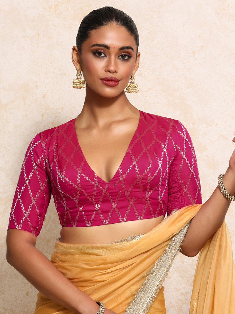Rubani x Tyohaar | Elbow Sleeves Saree Blouse in Rosy Pink Vine Mesh Brocade-Binks