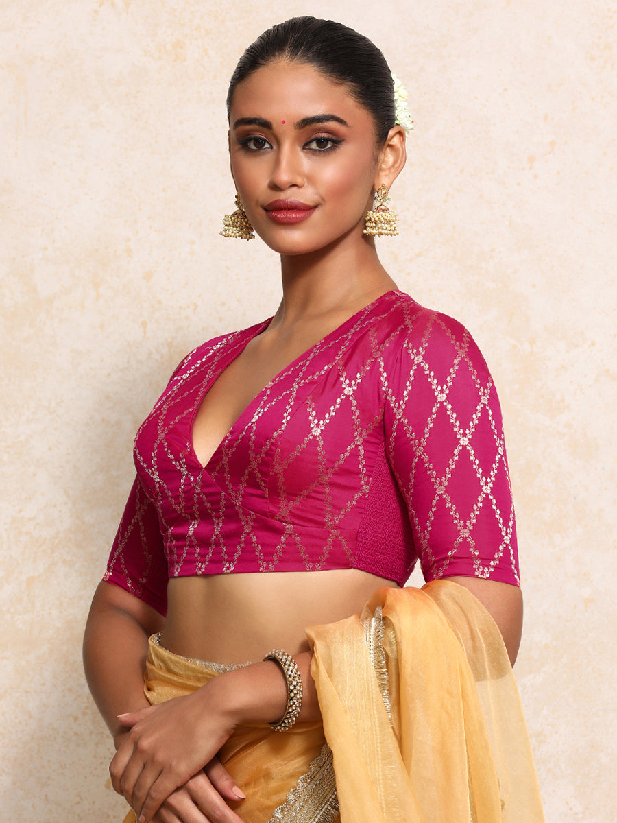 Rubani x Tyohaar Saree Blouse, in Pink Viscose Silk Brocade, featuring elbow sleeves and v-neckline (view 8).