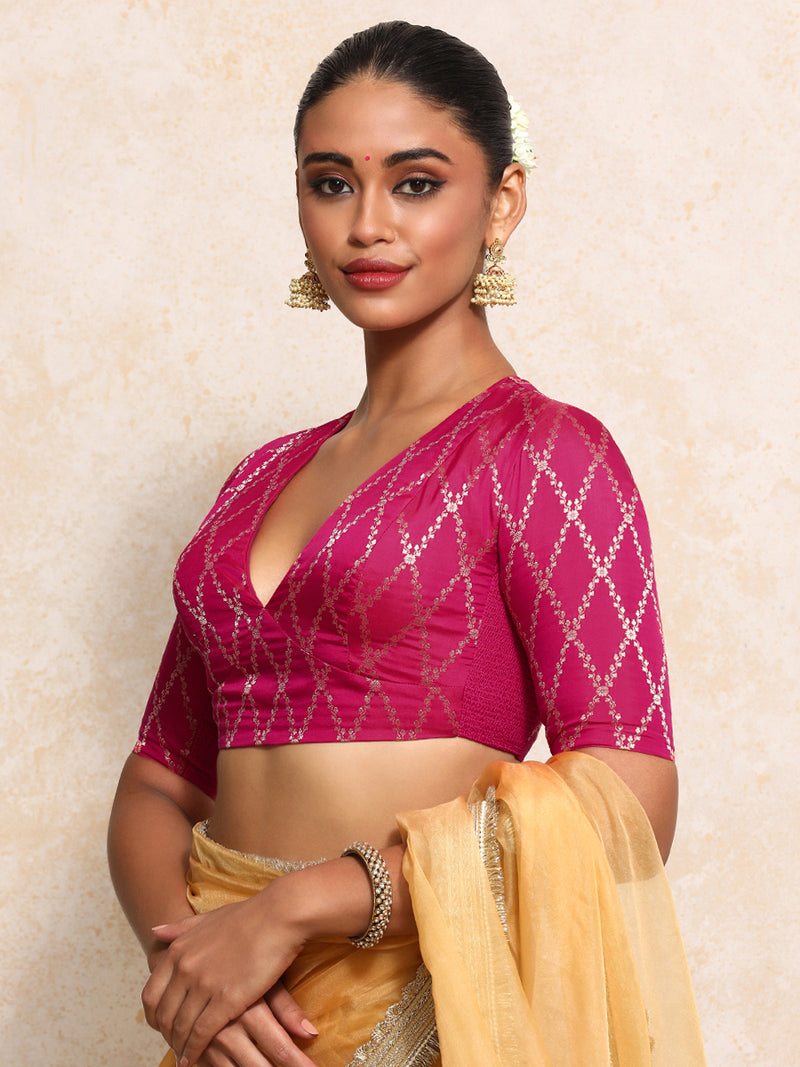 Rubani x Tyohaar | Elbow Sleeves Saree Blouse in Rosy Pink Vine Mesh Brocade-Binks