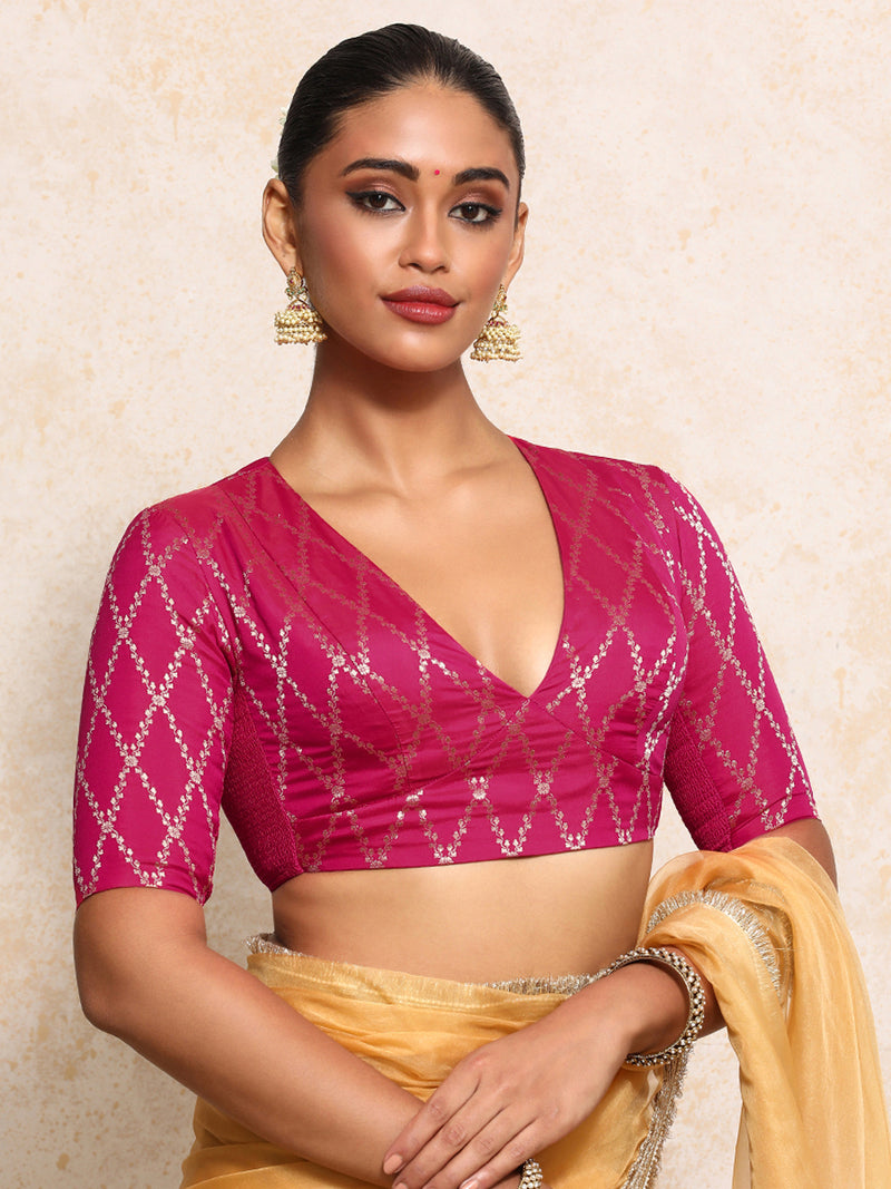 Rubani x Tyohaar | Elbow Sleeves Saree Blouse in Rosy Pink Vine Mesh Brocade-Binks