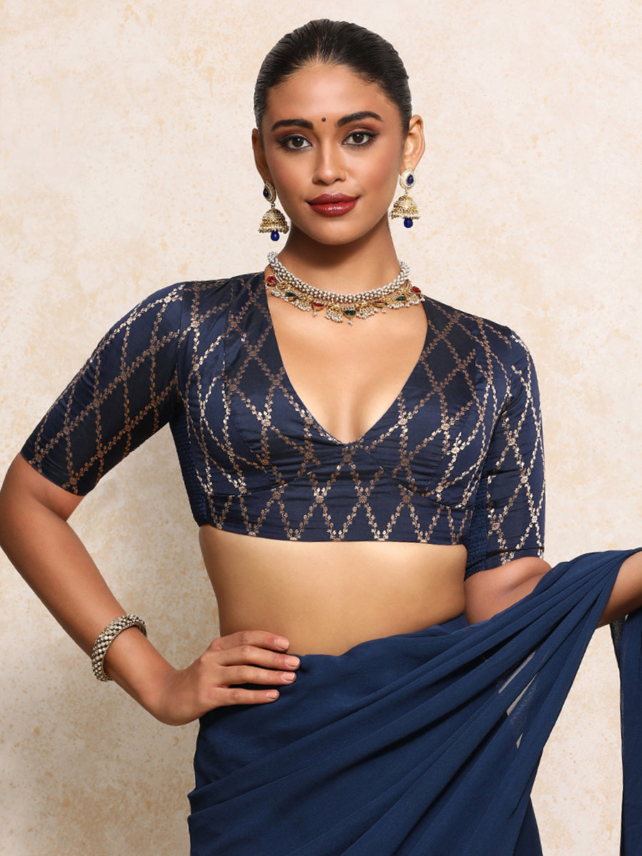 Rubani x Tyohaar Saree Blouse, in Blue Viscose Silk Brocade, featuring elbow sleeves and v-neckline.