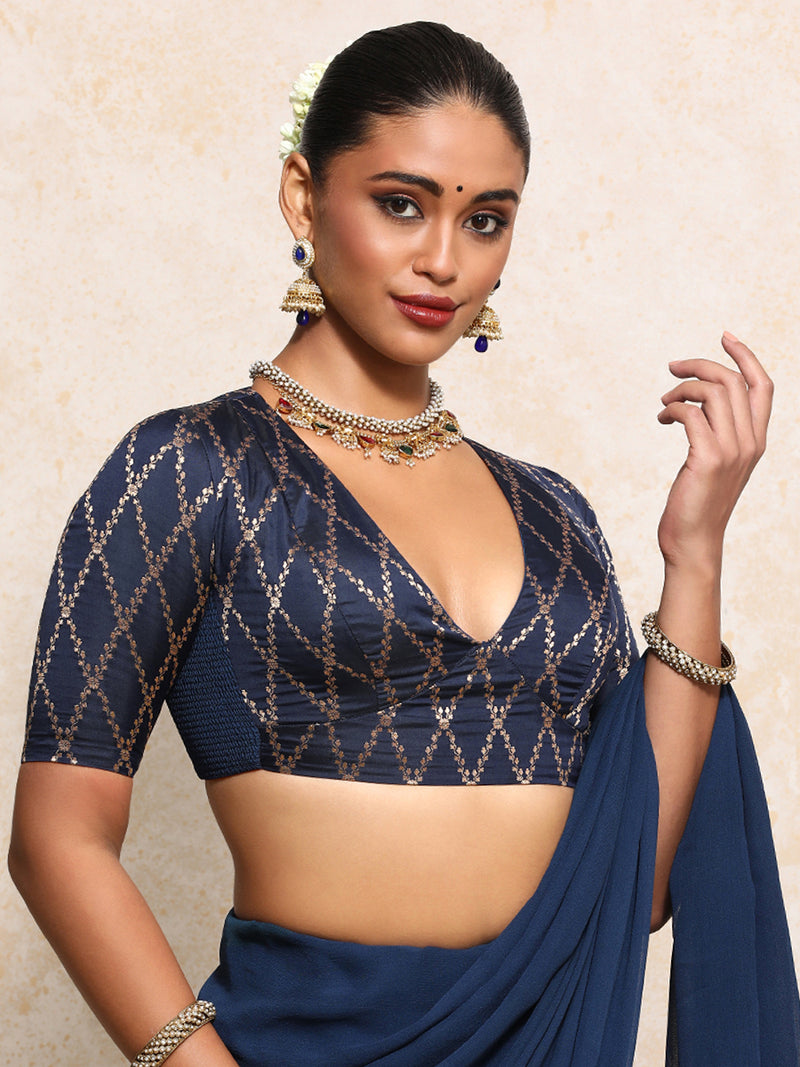 Rubani x Tyohaar | Elbow Sleeves Saree Blouse in Royal Navy Vine Mesh Brocade-Binks