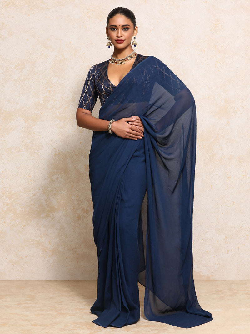 Rubani x Tyohaar | Elbow Sleeves Saree Blouse in Royal Navy Vine Mesh Brocade-Binks