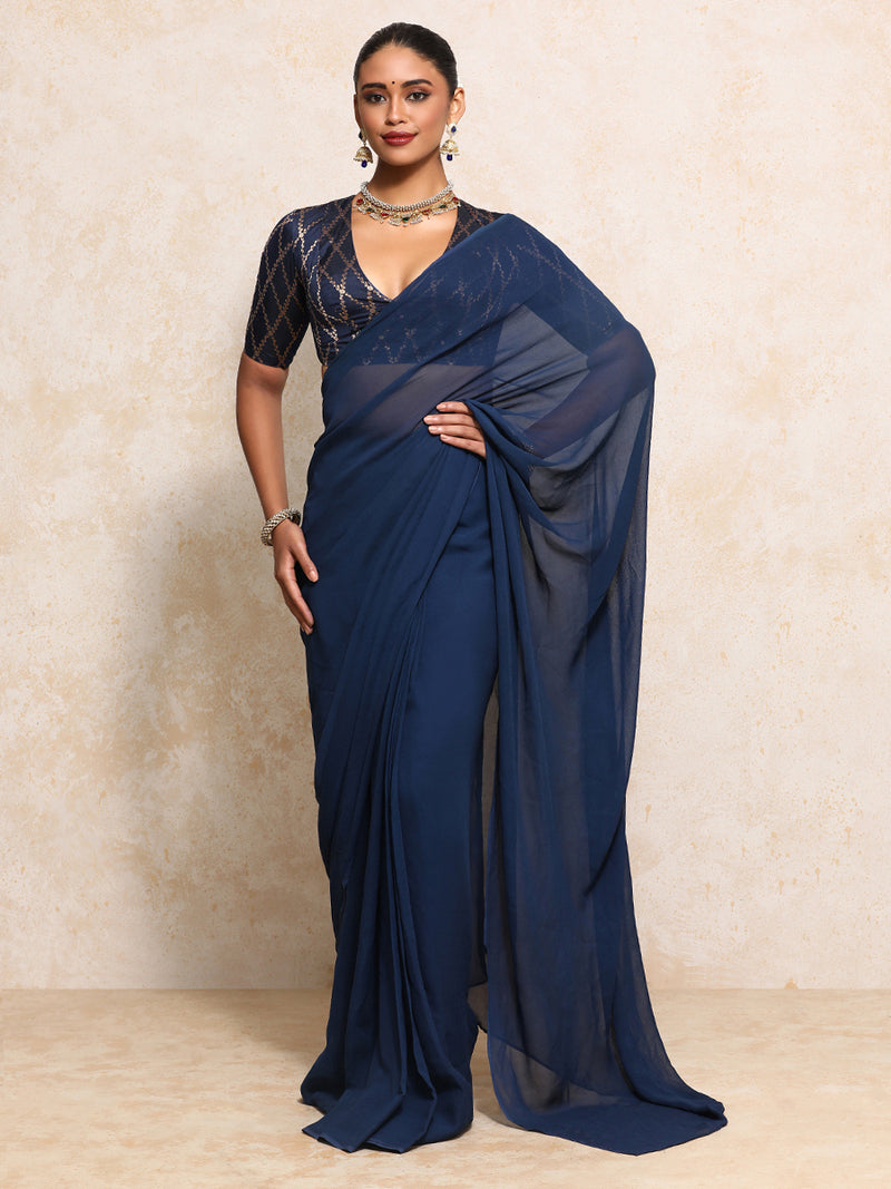 Rubani x Tyohaar | Elbow Sleeves Saree Blouse in Royal Navy Vine Mesh Brocade-Binks