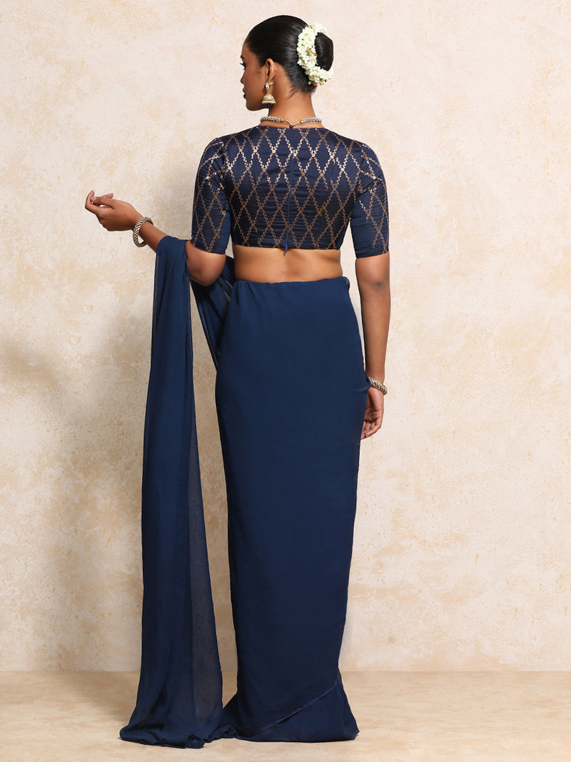 Rubani x Tyohaar | Elbow Sleeves Saree Blouse in Royal Navy Vine Mesh Brocade-Binks