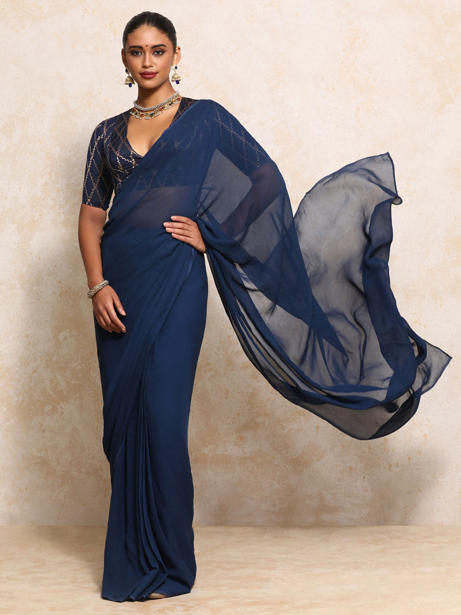 Rubani x Tyohaar Saree Blouse, in Blue Viscose Silk Brocade, featuring elbow sleeves and v-neckline (view 5).