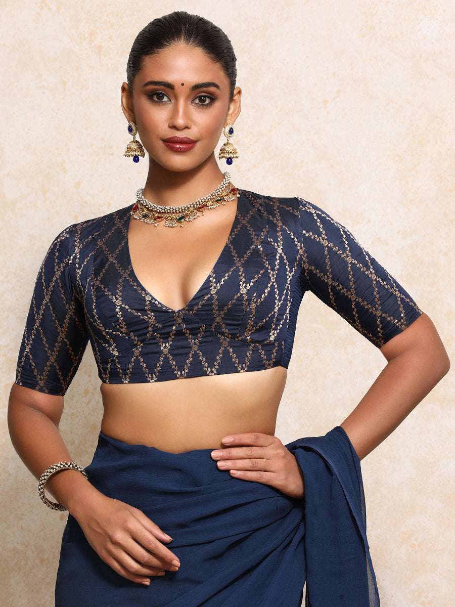 Rubani x Tyohaar Saree Blouse, in Blue Viscose Silk Brocade, featuring elbow sleeves and v-neckline (view 6).
