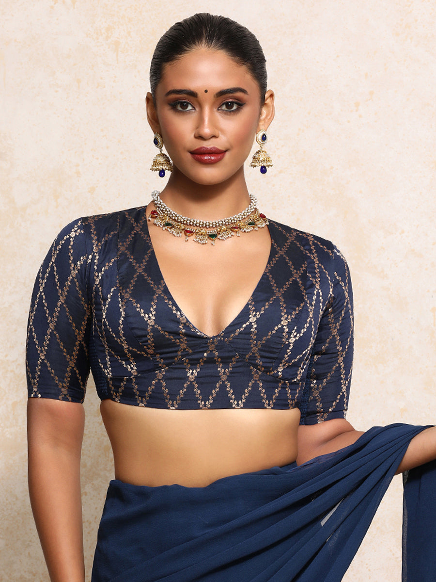 Rubani x Tyohaar Saree Blouse, in Blue Viscose Silk Brocade, featuring elbow sleeves and v-neckline (view 7).