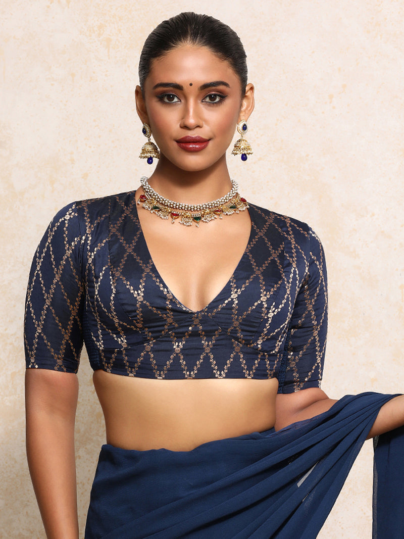 Rubani x Tyohaar | Elbow Sleeves Saree Blouse in Royal Navy Vine Mesh Brocade-Binks