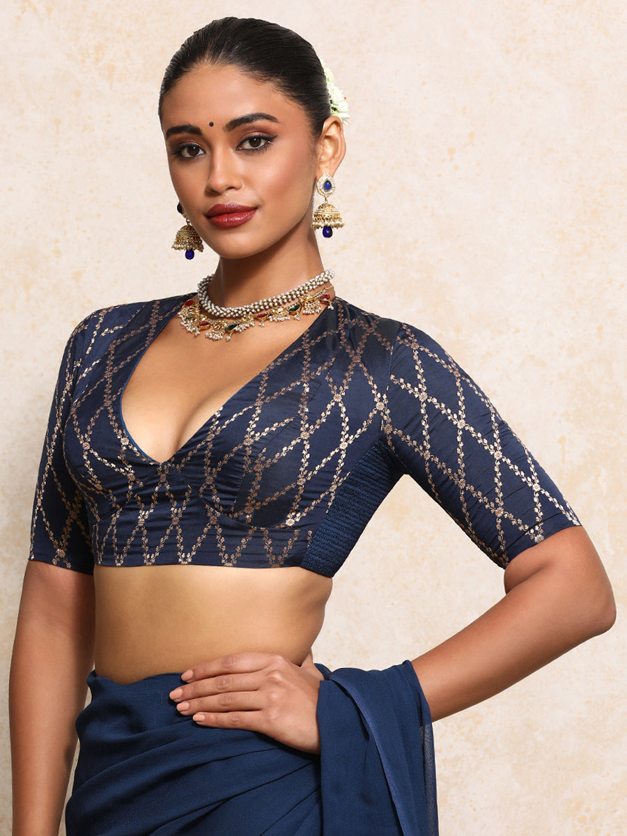 Rubani x Tyohaar Saree Blouse, in Blue Viscose Silk Brocade, featuring elbow sleeves and v-neckline (view 8).