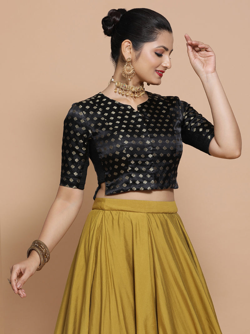 Ruhi x Tyohaar | Elbow Sleeves Satin Viscose Saree Blouse in Black Butta Fabric-Binks