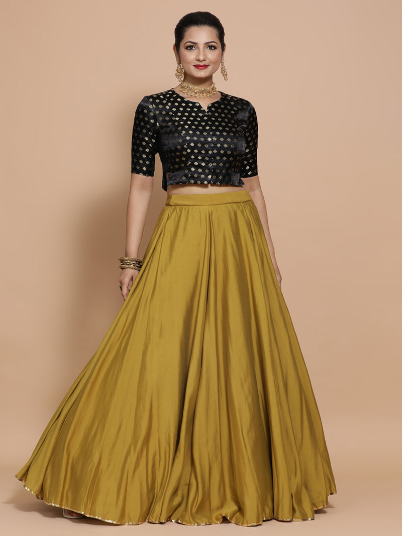 Ruhi x Tyohaar | Elbow Sleeves Satin Viscose Saree Blouse in Black Butta Fabric-Binks