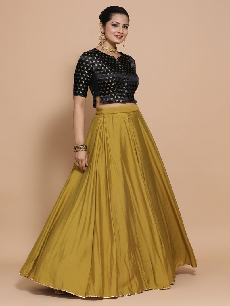 Ruhi x Tyohaar | Elbow Sleeves Satin Viscose Saree Blouse in Black Butta Fabric-Binks