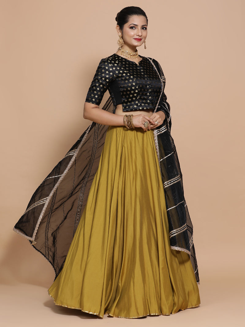 Ruhi x Tyohaar | Elbow Sleeves Satin Viscose Saree Blouse in Black Butta Fabric-Binks