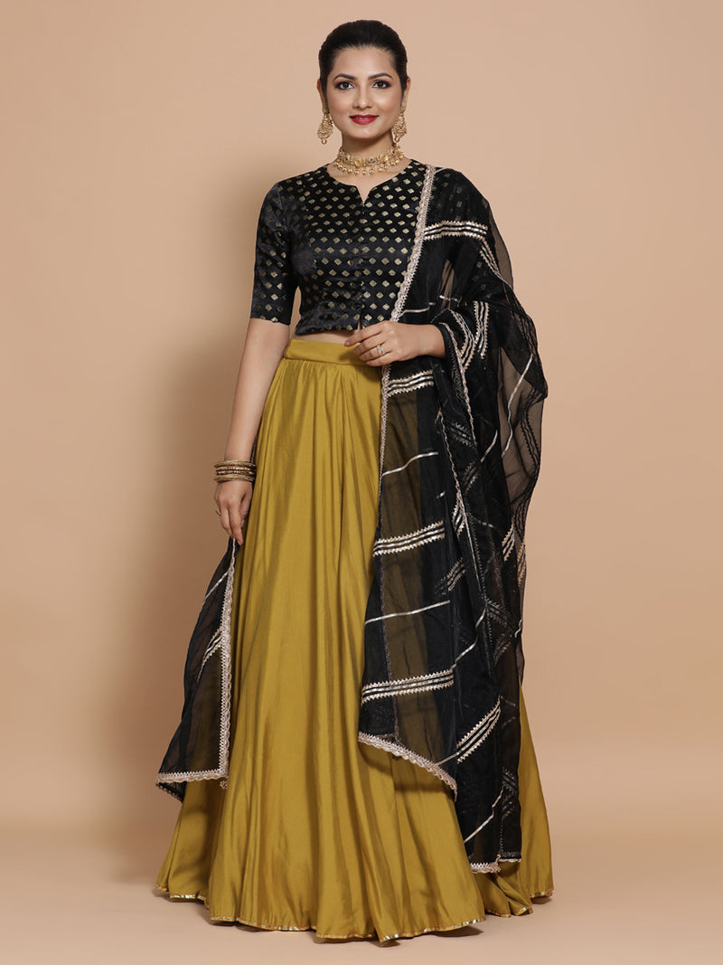 Ruhi x Tyohaar | Elbow Sleeves Satin Viscose Saree Blouse in Black Butta Fabric-Binks