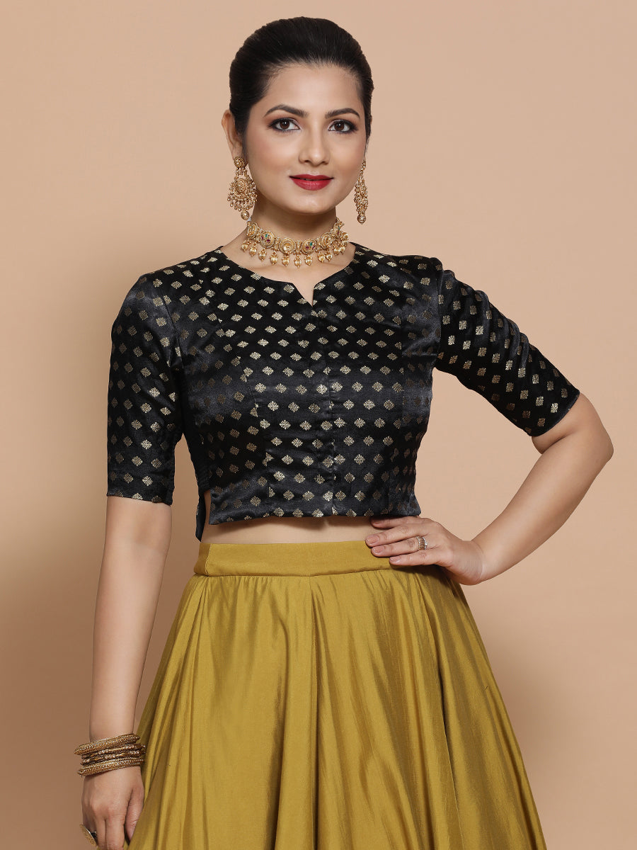Ruhi x Tyohaar Saree Blouse, in Black Embroidery & Brocade, featuring elbow sleeves and round neckline (view 2).