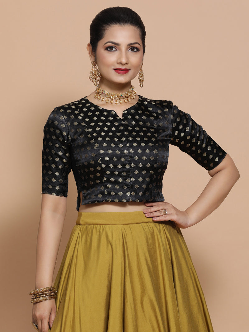 Ruhi x Tyohaar | Elbow Sleeves Satin Viscose Saree Blouse in Black Butta Fabric-Binks