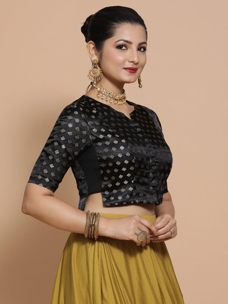 Ruhi x Tyohaar | Elbow Sleeves Satin Viscose Saree Blouse in Black Butta Fabric-Binks