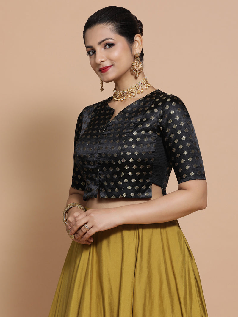 Ruhi x Tyohaar | Elbow Sleeves Satin Viscose Saree Blouse in Black Butta Fabric-Binks