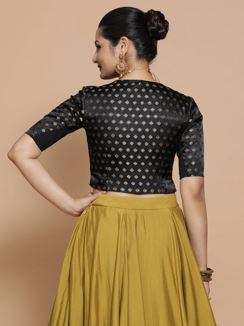 Ruhi x Tyohaar | Elbow Sleeves Satin Viscose Saree Blouse in Black Butta Fabric-Binks