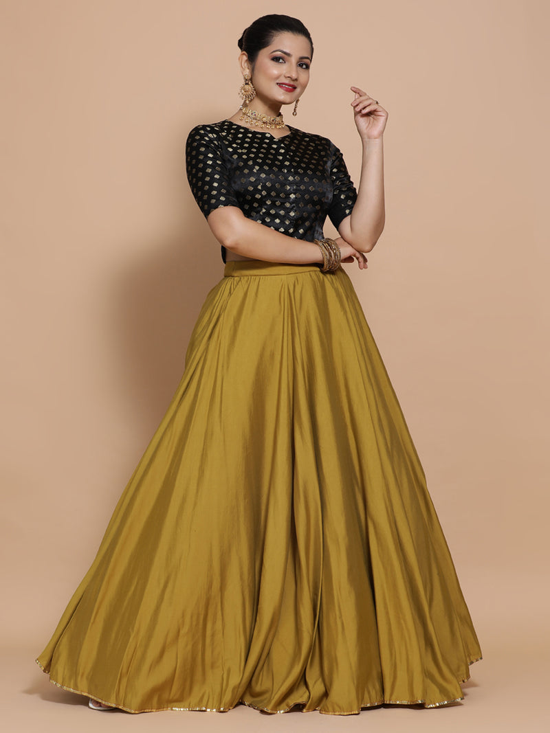 Ruhi x Tyohaar | Elbow Sleeves Satin Viscose Saree Blouse in Black Butta Fabric-Binks