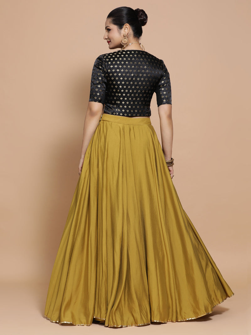 Ruhi x Tyohaar | Elbow Sleeves Satin Viscose Saree Blouse in Black Butta Fabric-Binks