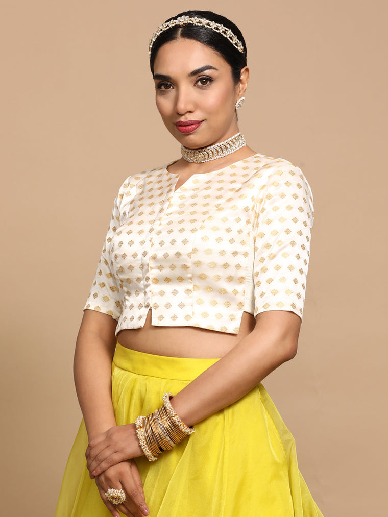 Ruhi x Tyohaar Saree Blouse, in Cream Embroidery & Brocade, featuring elbow sleeves and round neckline.