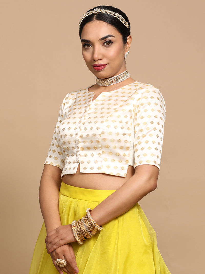 Ruhi x Tyohaar | Elbow Sleeves Satin Viscose Saree Blouse in Cream Butta Fabric-Binks