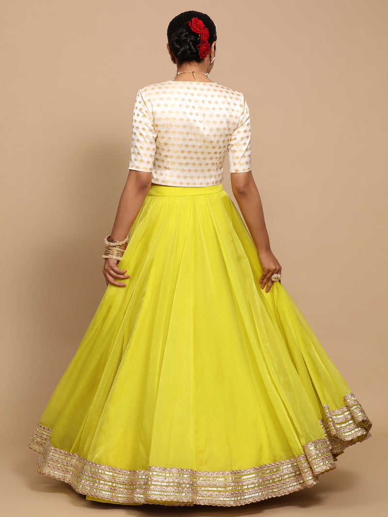 Ruhi x Tyohaar | Elbow Sleeves Satin Viscose Saree Blouse in Cream Butta Fabric-Binks