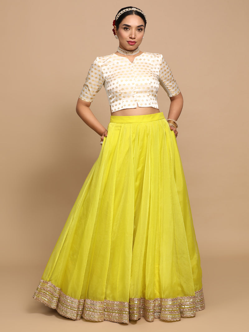 Ruhi x Tyohaar | Elbow Sleeves Satin Viscose Saree Blouse in Cream Butta Fabric-Binks