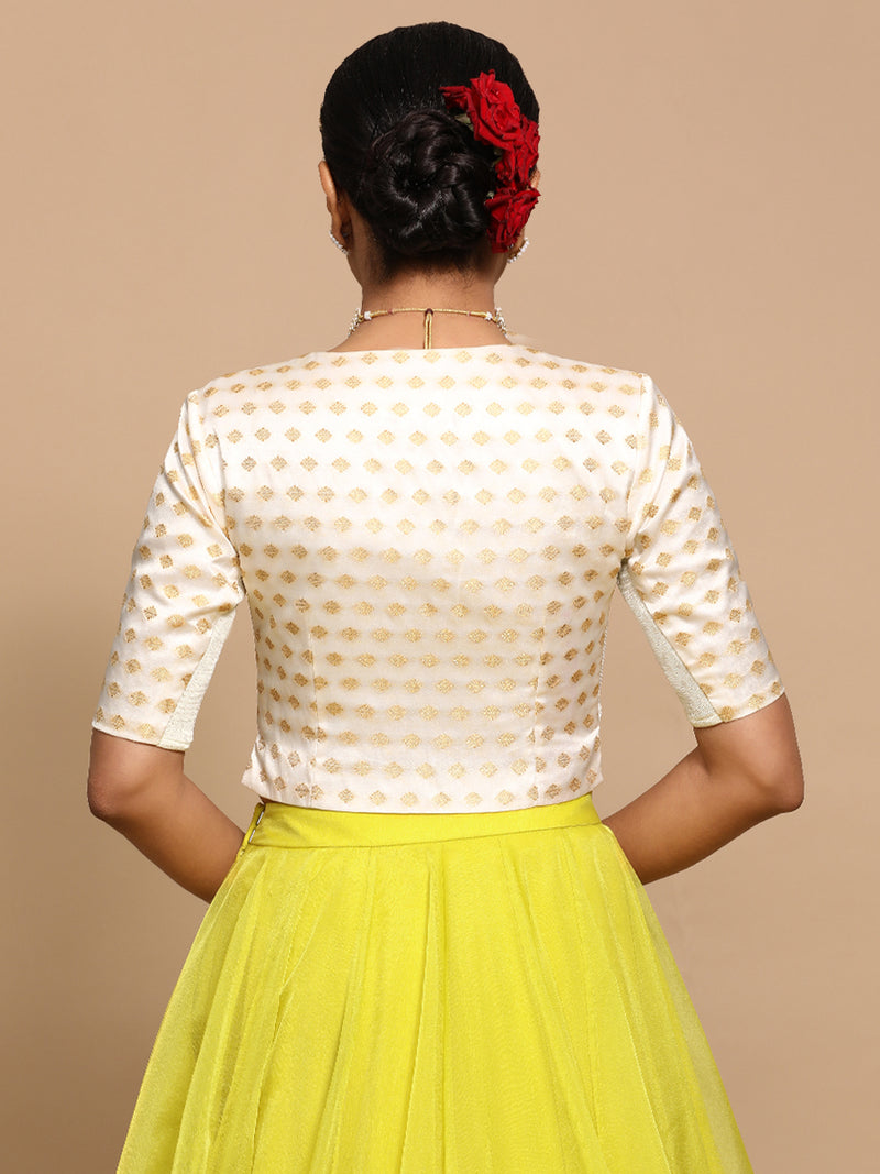 Ruhi x Tyohaar | Elbow Sleeves Satin Viscose Saree Blouse in Cream Butta Fabric-Binks