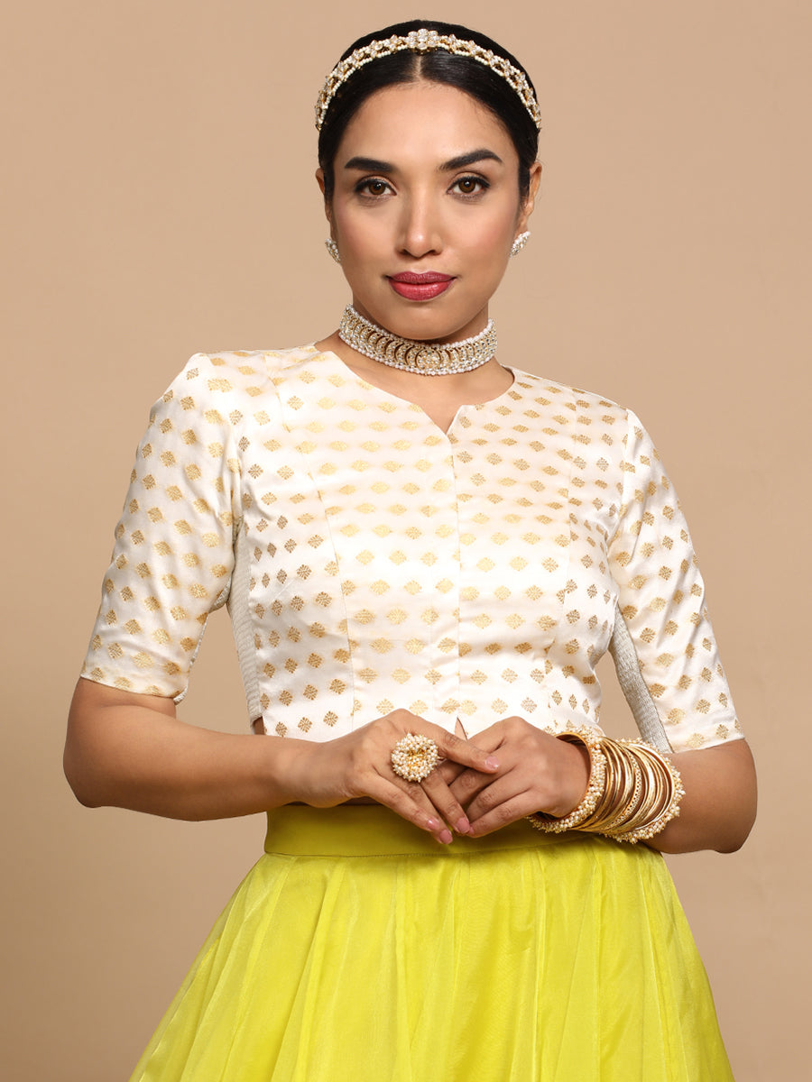 Ruhi x Tyohaar Saree Blouse, in Cream Embroidery & Brocade, featuring elbow sleeves and round neckline (view 5).