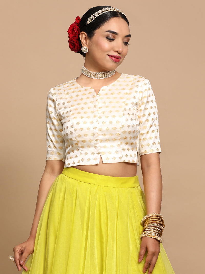 Ruhi x Tyohaar | Elbow Sleeves Satin Viscose Saree Blouse in Cream Butta Fabric-Binks