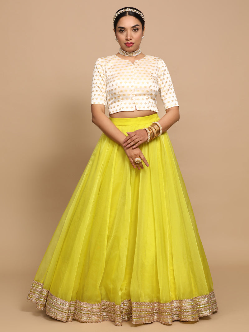 Ruhi x Tyohaar | Elbow Sleeves Satin Viscose Saree Blouse in Cream Butta Fabric-Binks