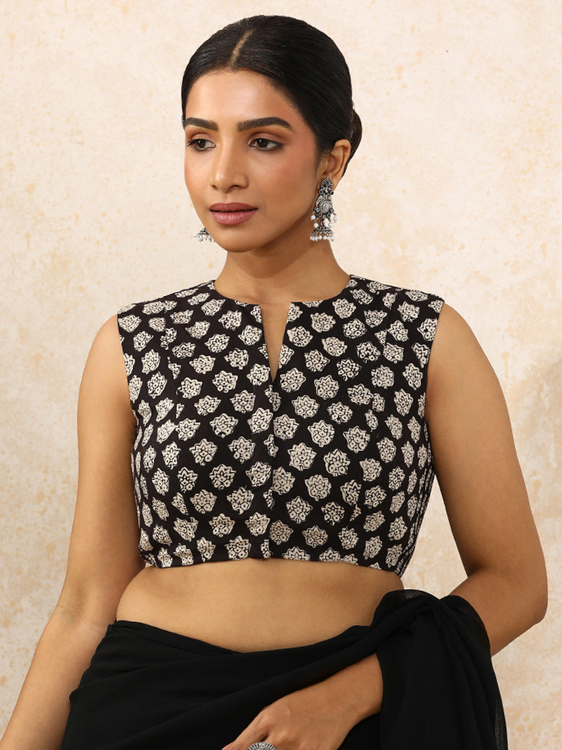 Rupal x Rozaana | Sleeveless Saree Blouse in Black Floral Block Print Cotton-Binks