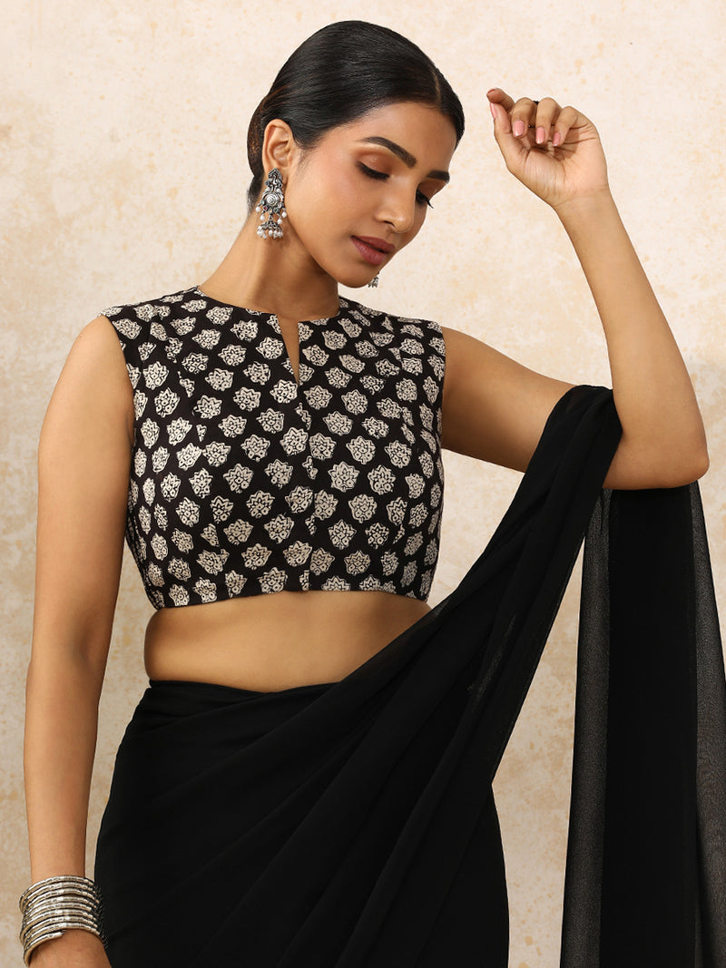 Rupal x Rozaana | Sleeveless Saree Blouse in Black Floral Block Print Cotton-Binks