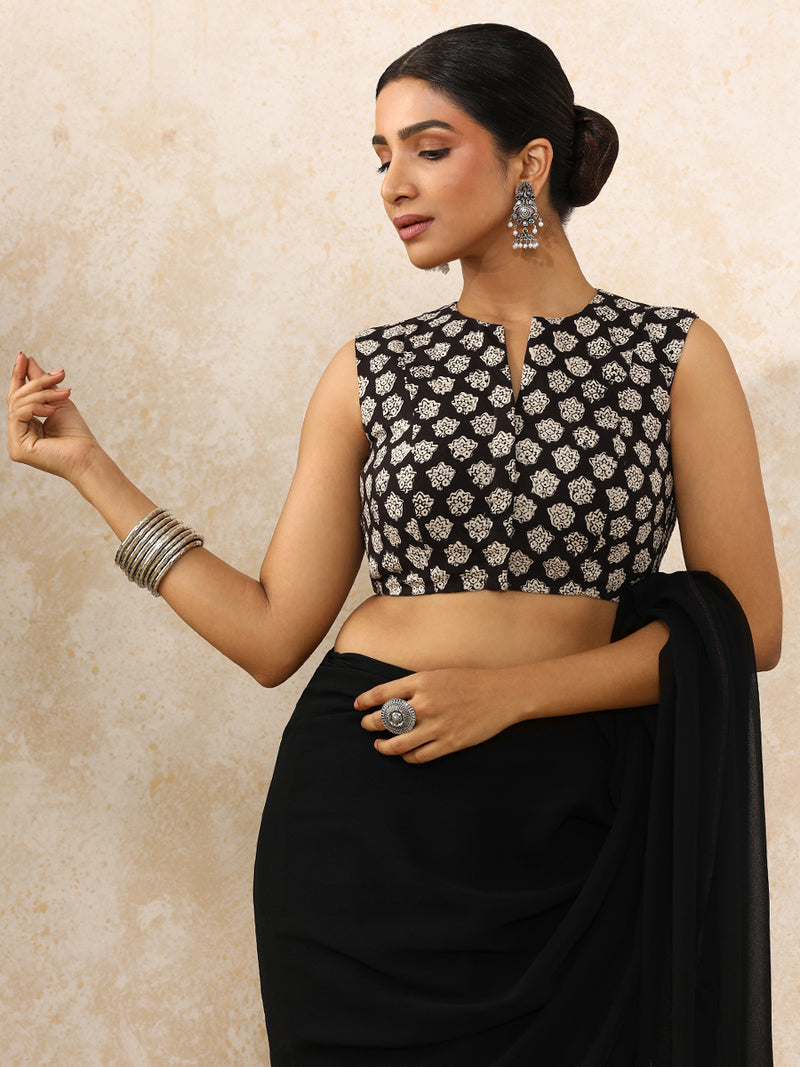 Rupal x Rozaana | Sleeveless Saree Blouse in Black Floral Block Print Cotton-Binks