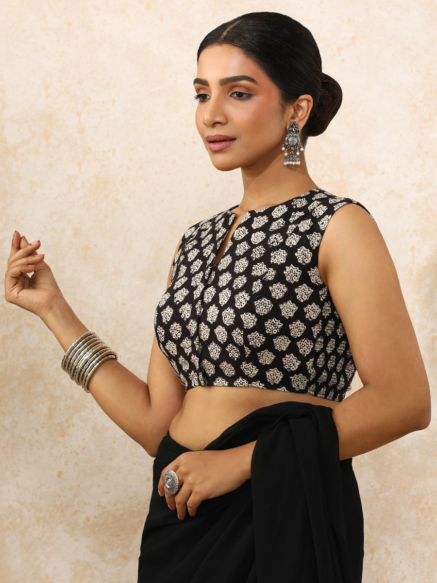 Rupal x Rozaana Saree Blouse, in Black 100% Cotton - Block Printed, featuring sleeveless and jewel neckline (view 7).